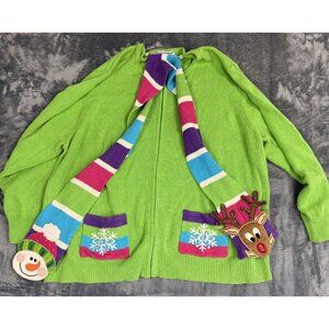 Vintage Women's Full Zip Green Sweater W/ Festive Scarf 3X Tiara International